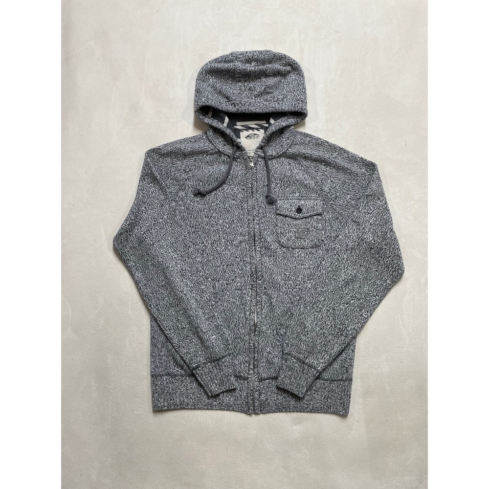 Vans Mens Large Marled Gray Knit Full Zip Hoodie Sweater Striped Hood Lining